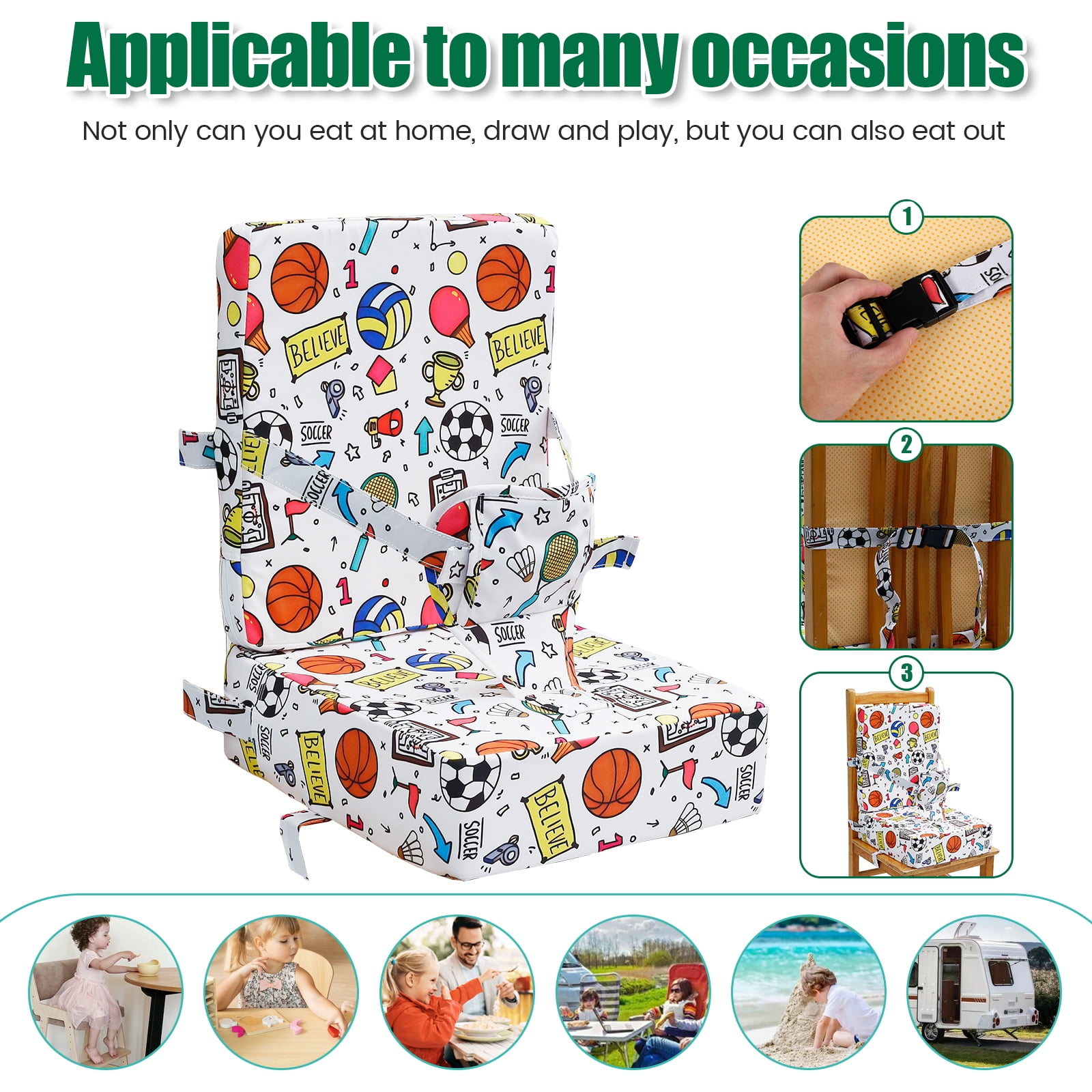 Dznils Toddler Booster Seat for Dining Table, with Backrest, Safety Buckles, Non-Slip Bottom, White