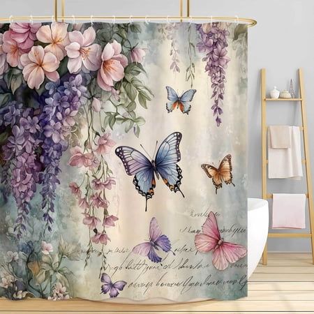 Butterfly Flower Shower Curtain, Vintage Floral Cortinas Para Baño, Lavender Weeping Wisteria Blossom Shower Curtains for Bathroom with 12 Hooks, 60X70in