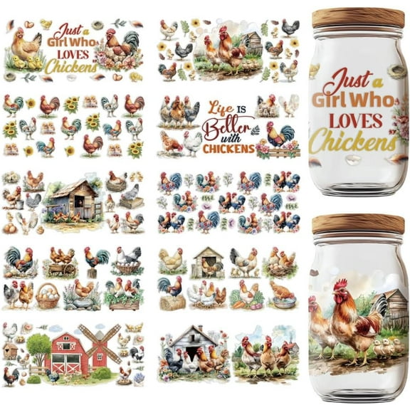 10 Pcs Chicken UV DTF Cup Wraps Farm Animal UV DTF Decals Personalized Waterproof Transfer Sticker Decals for Water Bottle Glass Cups Wood Crafts 9.5x4.3 Inch