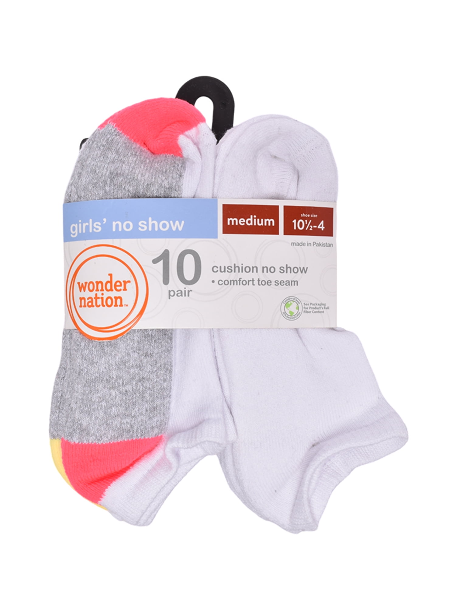 Wonder Nation Girls Cushioned No Show Socks, 10-Pack, Sizes S (6-10.5) - L (4-10)