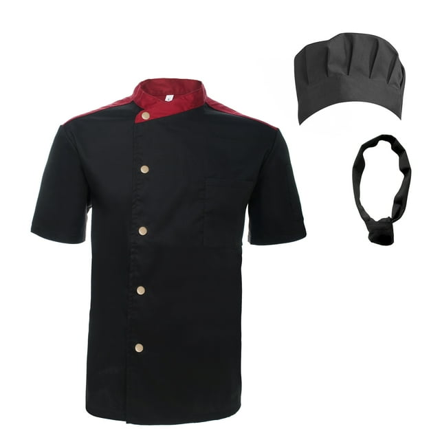 TopTie Unisex Short Sleeve Cooking Chef Coat Jacket & Hat & Bandana Set-Black Snap-M