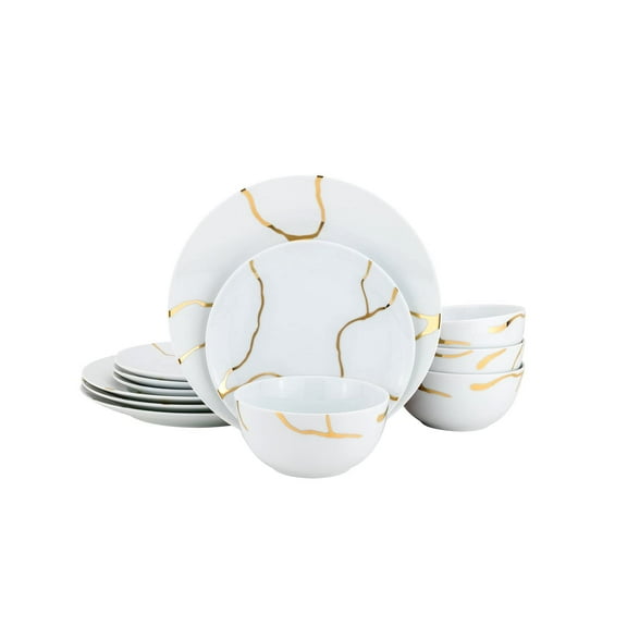 Euro Porcelain 12 pc. Dining Dish Set Fine China Tableware w/ 24K Gold Plate Accents - Service for 4