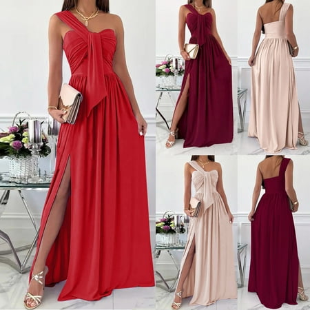 Antinious Women One Shoulder Sleeveless Side Split Solid Bra Cup Soft Comfortable Dress