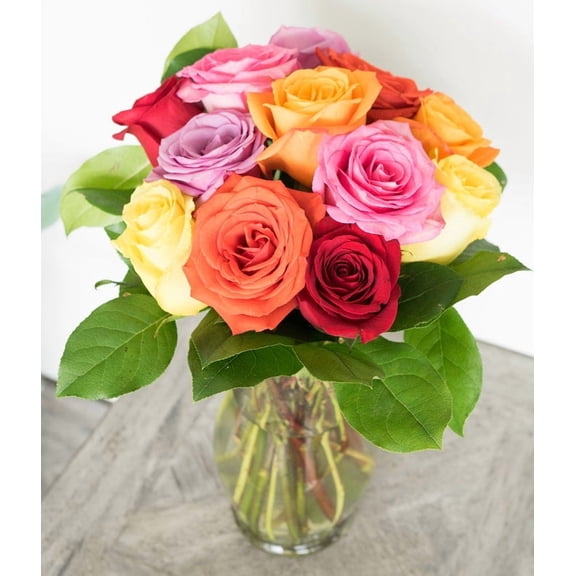 From You Flowers - 12 Rainbow Roses (Pink, Red, Yellow, Orange, Purple) with Free Vase (Fresh Flowers)