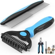 Pet Grooming Brush and Metal Comb, Cat Brush Undercoat Rake for Dogs Grooming Supplies Dematting Deshedding Brush for Shedding, Deshedder Brush Dogs Shedding Tool for Long matted Haired Pets, Blue