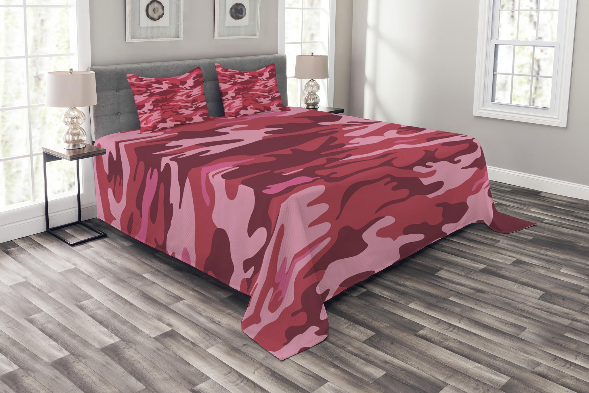 Camo Bedspread Set Queen Size, Camouflage Texture Design in Shades of