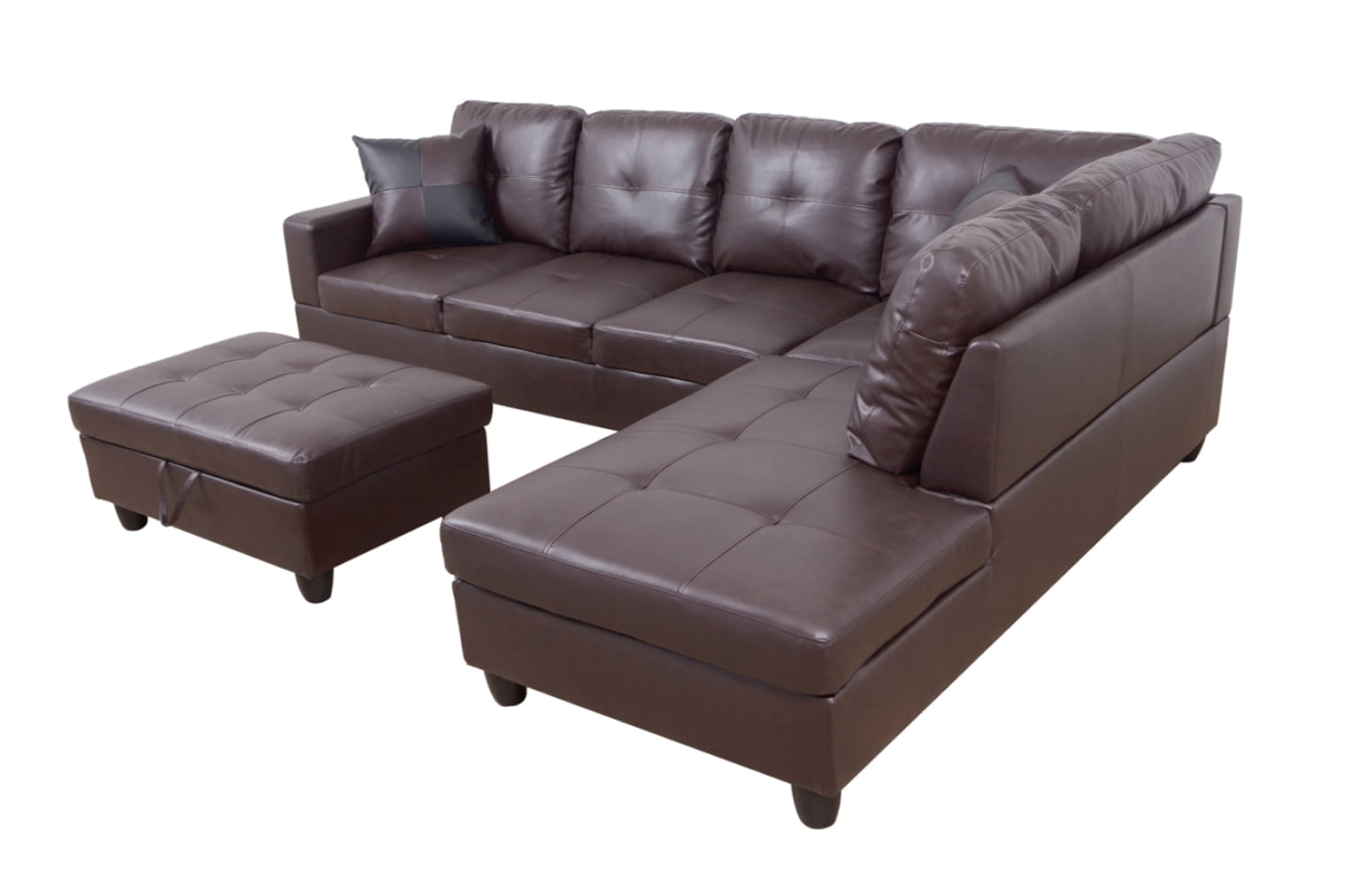 PonLiving Furniture Brown Faux Leather 3 Piece Sectional Sofa Couch Set, L-Shaped Modern Sofa with Chaise Storage Ottoman for Living Room Furniture, Right Hand Facing