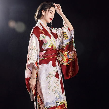 

ALSLIAO Women Kimono Floral Yukata Bride Nightgown Pajama Dress Japanese Cosplay Costume Wine Red