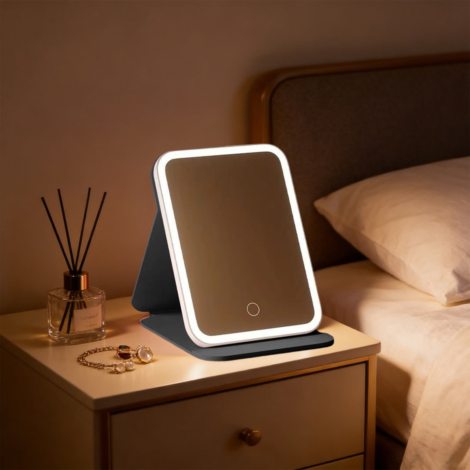 Foldable Makeup Mirror with 3-Color Adjustable Lighting, Built-in Memory Chip, USB Rechargeable Vanity Mirror for Travel, Dorm Room, Desktop, Portable Beauty Essentials with Blue Light Reduction