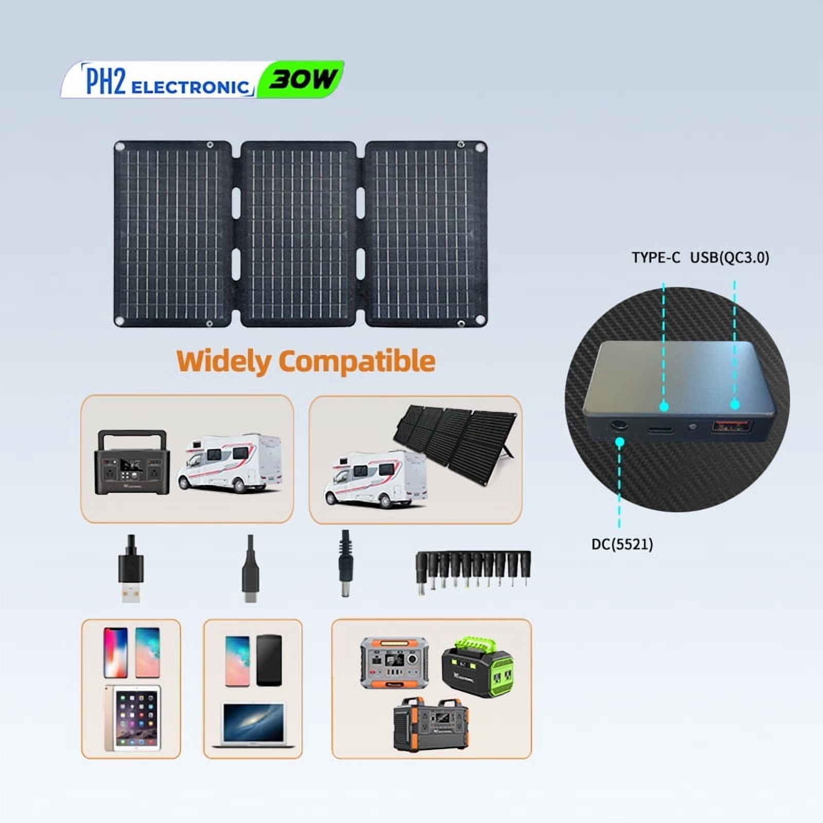 30w Portable Foldable Solar Panel Kit (18V,9"L x 13"W,1.5lb),Solar Controller