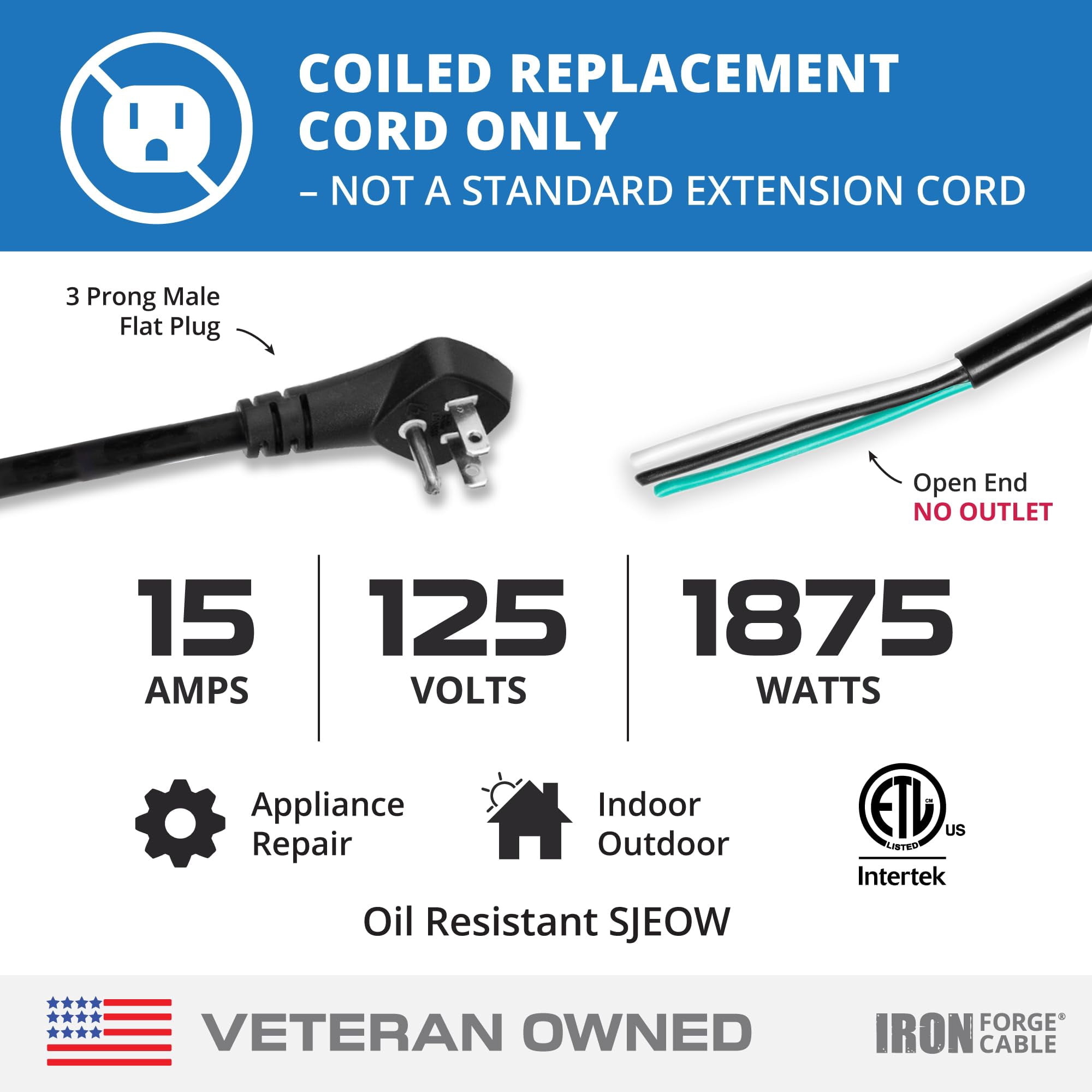 Iron Forge Cable 15 Amp Replacement Coiled Extension Cord 8 ft - SJEOW Oil Resistant & Flat Plug 3 Prong, 14 Gauge Coiled Cord for Outdoor & Indoor