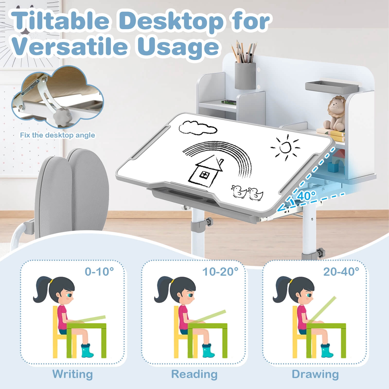 Costway Kid’s Study Desk & Chair Set with Tilt Desktop, Pen Holder & Tray, Reading Stand Gray
