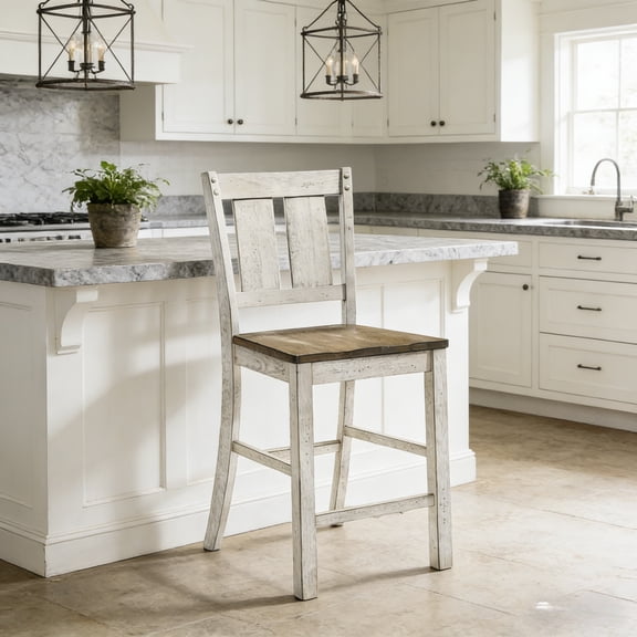 Antique White Farmhouse Counter Height Dining Chairs (Set of 2) - Solid Wood Slat Back, Two-Tone Design