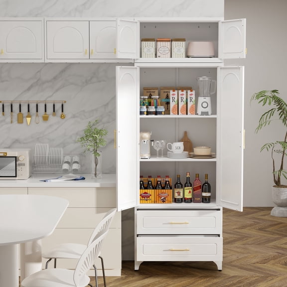Polup 90" Tall Pantry Cabinet with Two Drawers, Kitchen Metal Storage Cabinets with Doors and Shelves,White, Assembly Required