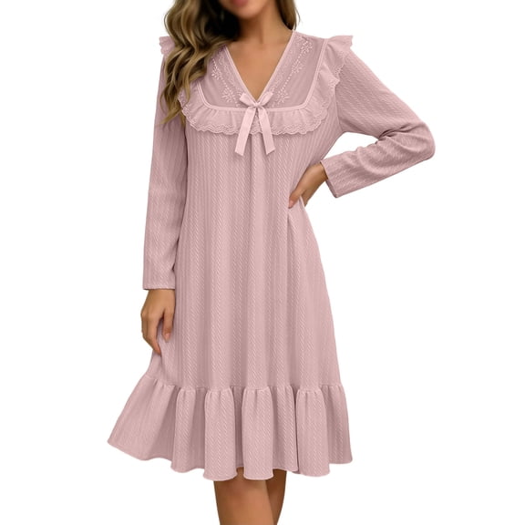 Kezqiaxn House Dress for Women Fashion Ruffle Long Sleeve V-Neck Loose Casual Nightgown Women's Sleepwear Plus Size Nightgowns Purple L