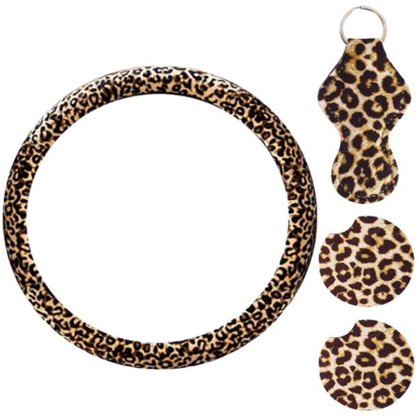 ColoMX 1 juego / 4 piezas decoración interior del coche con estampado de leopardo cubierta de agarre para volante posavasos