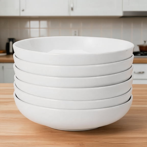 Set of 6 Pasta Bowls White Glazed Ceramic Serving Salad Bowls