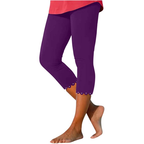 ibuvkizy Capri Leggings for Women Summer High Waisted Solid Color Capris Matching Slim Fitting Yoga Gym Pants Purple,S