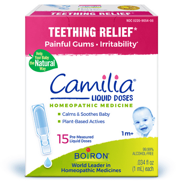 Boiron Camilia Teething Drops for Daytime and Nighttime Relief of Painful or Swollen Gums and Irritability in Babies, 15 Single Liquid Doses