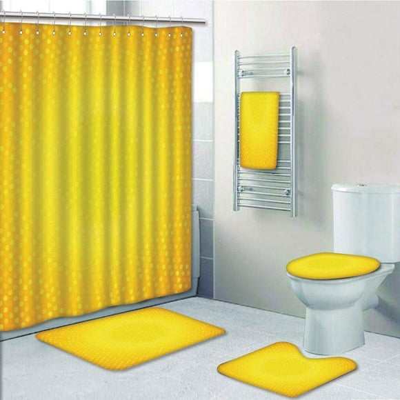 EREHome with Ombre Circle in Shades of Dots Merigold 5 Piece Bathroom Set Shower Curtain Bath Towel Bath Rug Contour Mat and Toilet Lid Cover