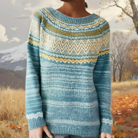 Stralyhd Fair Isle Sweater Women Boho Vintage Knitted Womens Sweaters Plus Size Long Sleeve Crewneck Pullover Knitwear Black Sweaters for Women Sky Blue XL