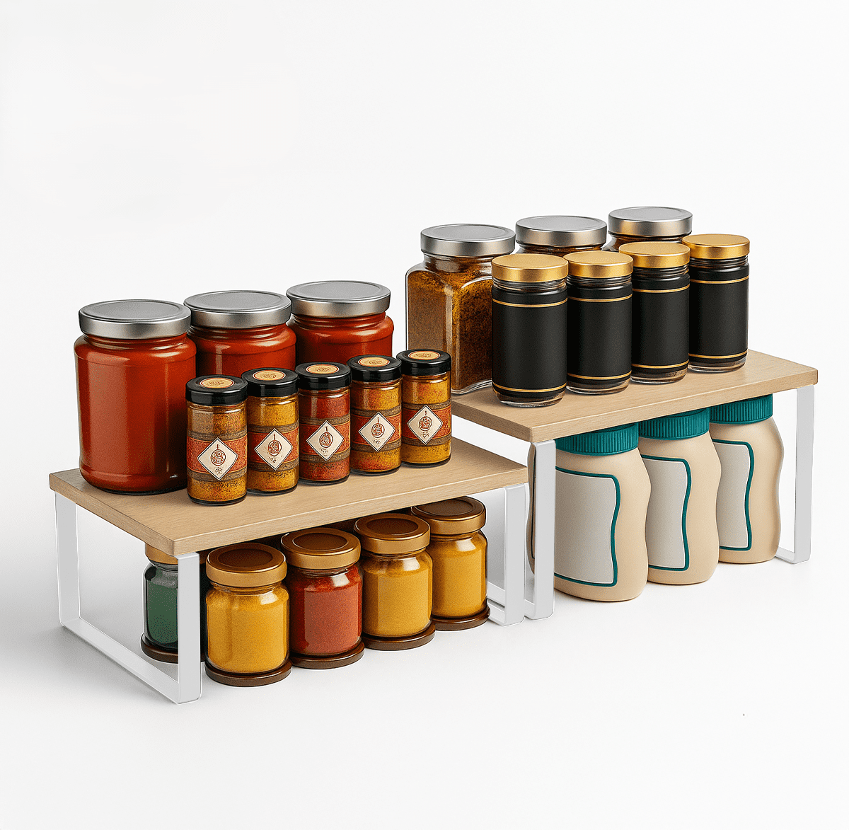 Sben Kitchen Shelf Cabinet Organizer, Set of 2, Counter Shelves, Kitchen Storage, Spice Rack, Stackable, Functional, Metal and Engineered Wood (Bamboo and White)