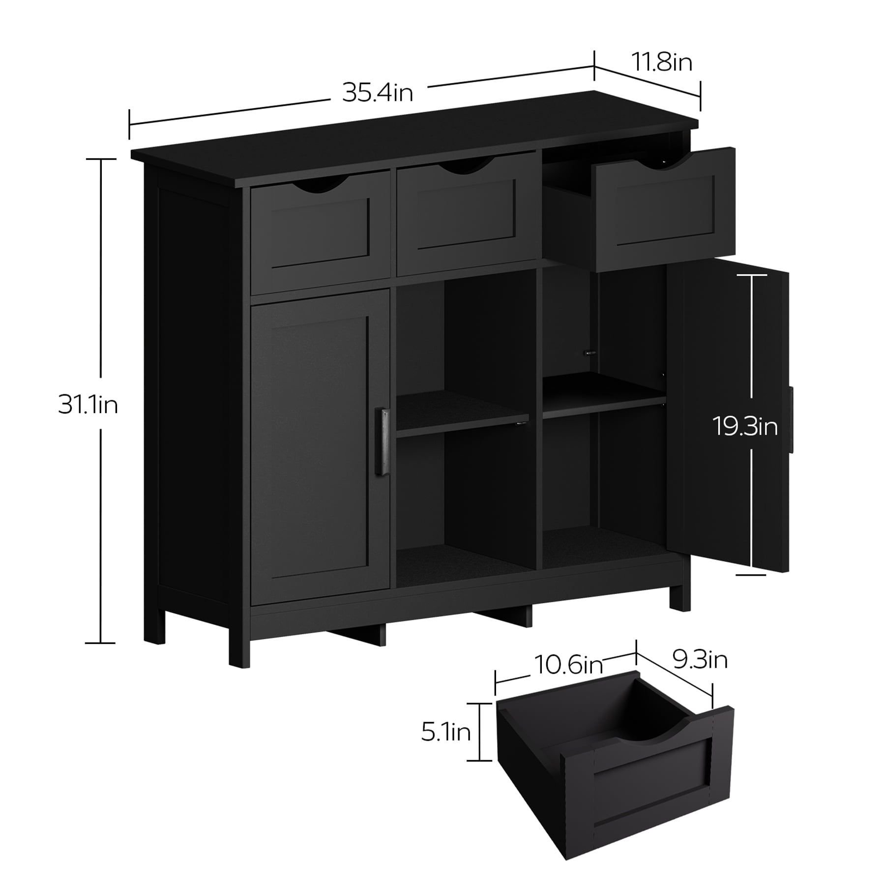 PORKISS Black Floor Storage Cabinet, Wood Accent Cabinet with Drawers and Adjustable Shelves Storage, Modern Pantry Cabinet for Kitchen, Bathroom, Living Room