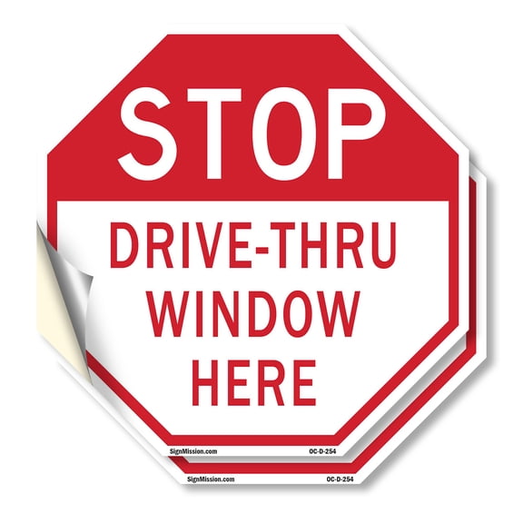Stop Drive-thru Window Here (2 Pack) 10 inch X 10 inch Octagon Vinyl Label Decal Sticker Weather Resistant, UV Protected for Workplace, Private Property, and Construction Site, Made in