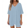thumbnail image 5 of XUNKUSGA Short Sets for Women Casual Loose 2 Piece Sets for Women Summer Classic Soild Color Oversized V Neck T Shirts Tops Biker Shorts Matching Sets,Blue,S, 5 of 7
