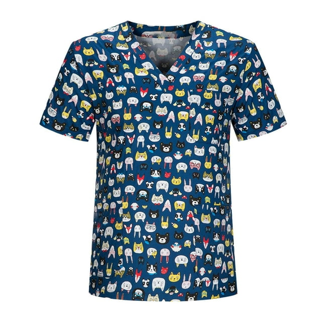 Enfermería Scrubs Tops Animal Impreso Ropa Uniformes para Mujeres Hombres Adultos SPA Azul XXL Yuyangstore Blusas médicas de enfermería