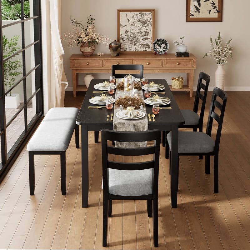 Lacoo Modern Simple Solid Wood Dining Table Set 6-Piece, 1 Table 4 Chairs 1 Bench, Kitchen Dining Room Furniture Set, Multiple Colors Available