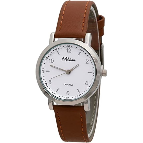 Blekon Women's 34mm Analog Watch: Classic Design, Stitched Leather Strap