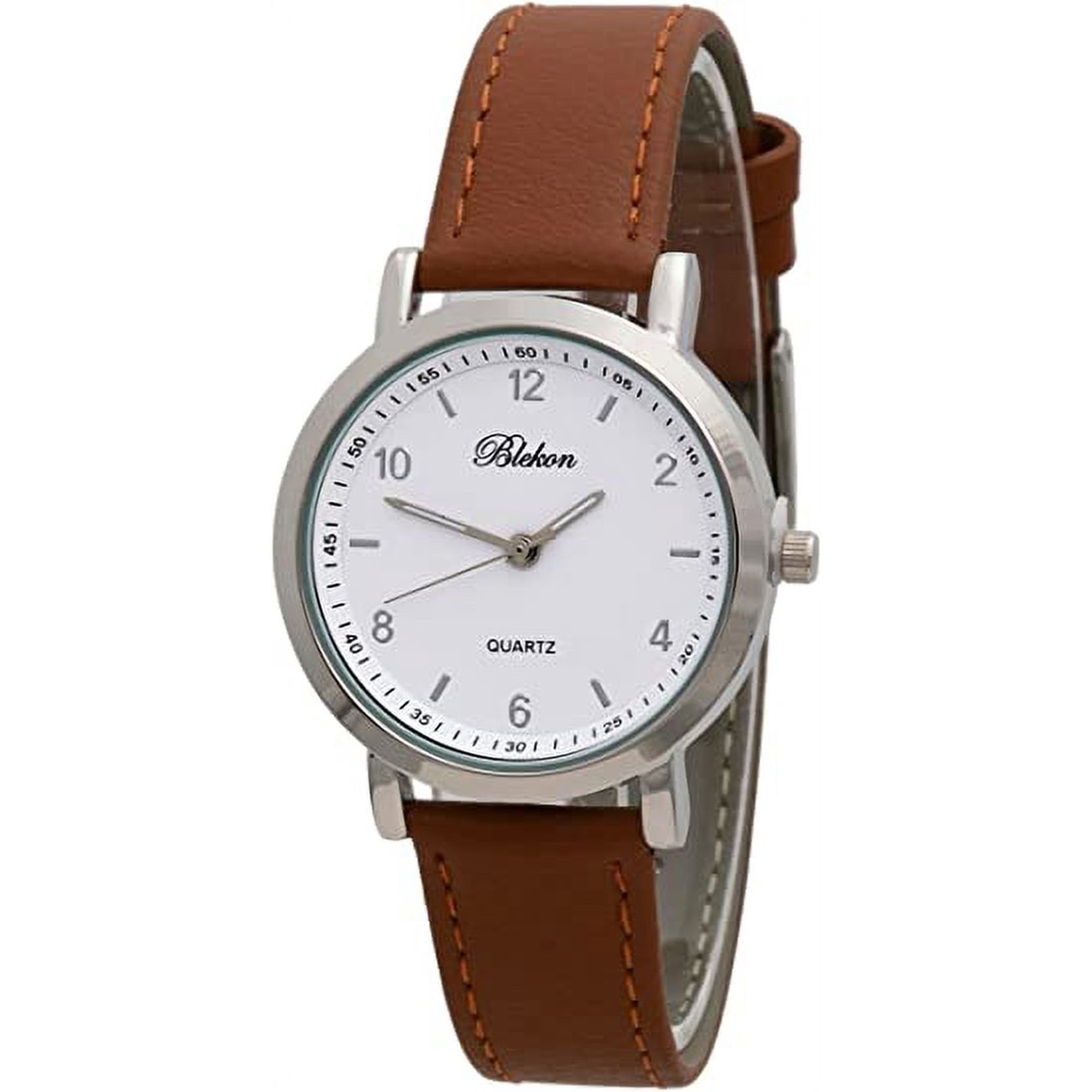 Blekon Women's 34mm Analog Watch: Classic Design, Stitched Leather Strap