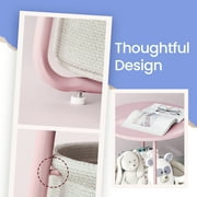 LEDREM Modern Round Accent Table with Fabric Storage Bin, Compact Nightstand for Bedroom & Living Area, Space-Saving Furniture with Patented Design, Pink and White