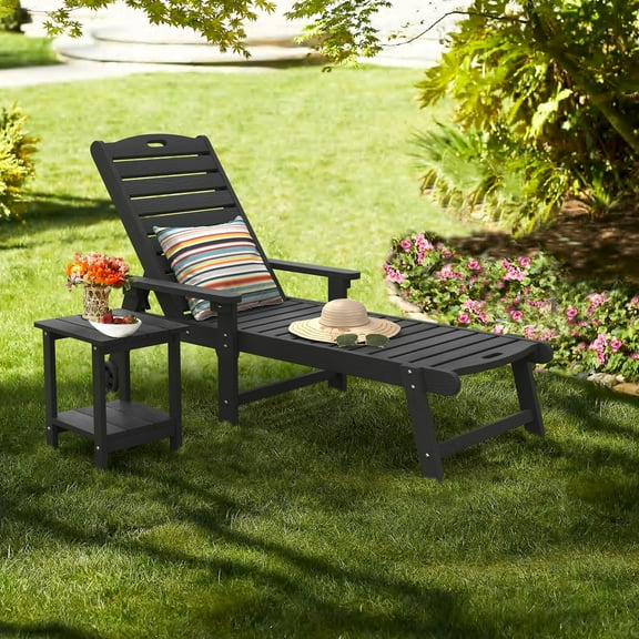 Dycanpo Lounge Chair Outdoor, Resin Chaise Lounge with Wheels & Adjustable Backrest, Black