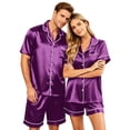 thumbnail image 2 of Dwelliawo Mens Satin Silk Pajamas Sets Short Sleeve Button-Down Sleepwear Two Piece Loungewear with Pockets Purple XL, 2 of 6