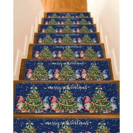 Christmas Stair Treads for Wooden Steps Indoor Runner Rug Carpet Blue Gnomes Xmas Tree Snowflakes Balls 4 Pieces Peel and Stick Staircase Step Treads Covers Washable Throw Door Mats 30 x8