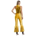 thumbnail image 2 of Womens Dance Leotard Shiny Rhinestone O-Ring Front Tiered Bell-Bottom Bodysuit for Disco Party Gold M, 2 of 7