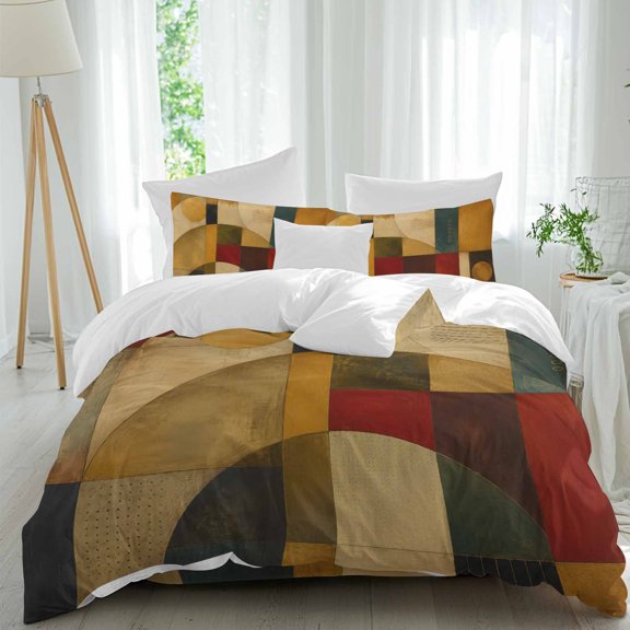 Abstract Geometric Comforter Set Twin Size, Modern Oil Painting Color Block Patchwork Soft Bedding Set for Man Woman, 4 Pieces Duvet Cover Set with Fitted Sheet, 2 Pillowcases