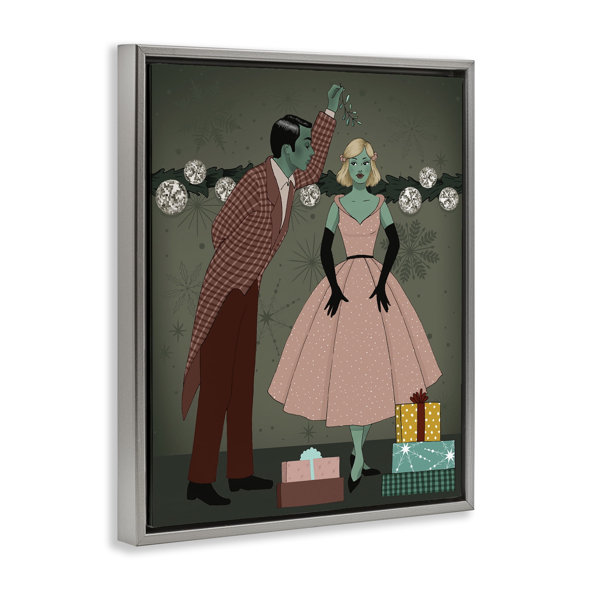 Stupell Industries Romantic Christmas Kiss Holiday Painting Gray Floater Framed Art Print Wall Art, 25 x 31