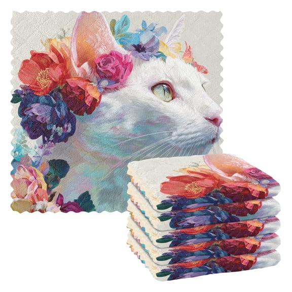 6 Pieces of Kitchen Towels 11x11Inch Kitchen Dish Cloths Kitchen Dish Towels Reuseable Cleaning Cloths Beautiful White Cat