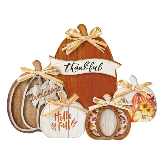 5 Pcs Fall Pumpkin Decor for Home Thanksgiving Wooden Table Centerpiece Decorations Fall Wooden Pumpkin Signs for Autumn Farmhouse Home Living Room Kitchen Mantle Tabletop Supplies