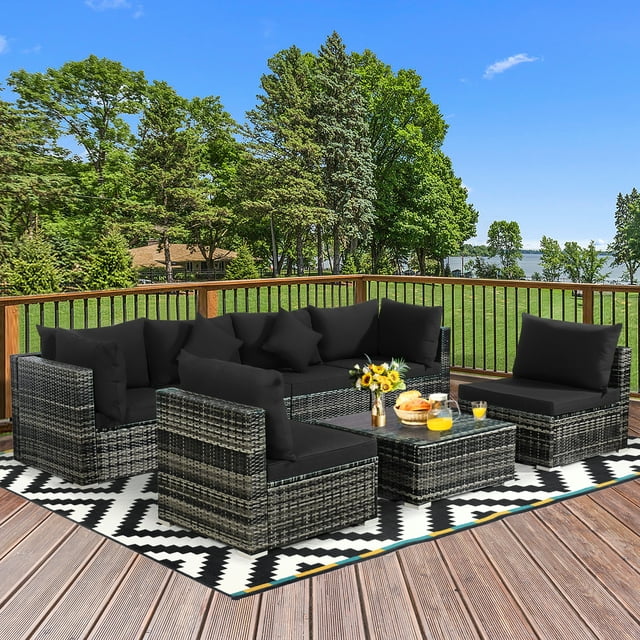 Gymax 7PCS PE Rattan Patio Sectional Sofa Conversation Set w/ Black Cushions