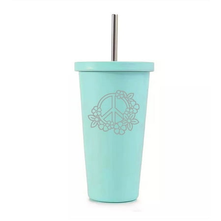 

16 oz Stainless Steel Double Wall Insulated Tumbler Pool Beach Cup Travel Mug With Straw Peace Sign with Flowers (Teal)