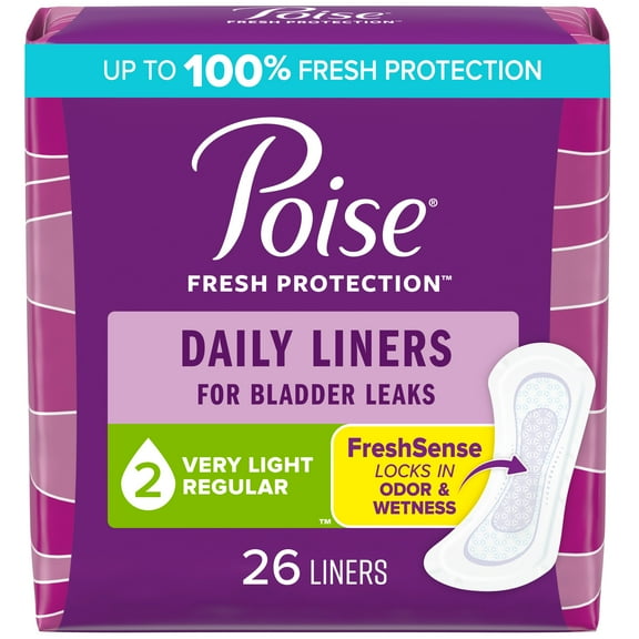 Poise Daily Liners, Incontinence Panty Liners, 2 Drop Very Light Absorbency, Regular Length, 26 Count