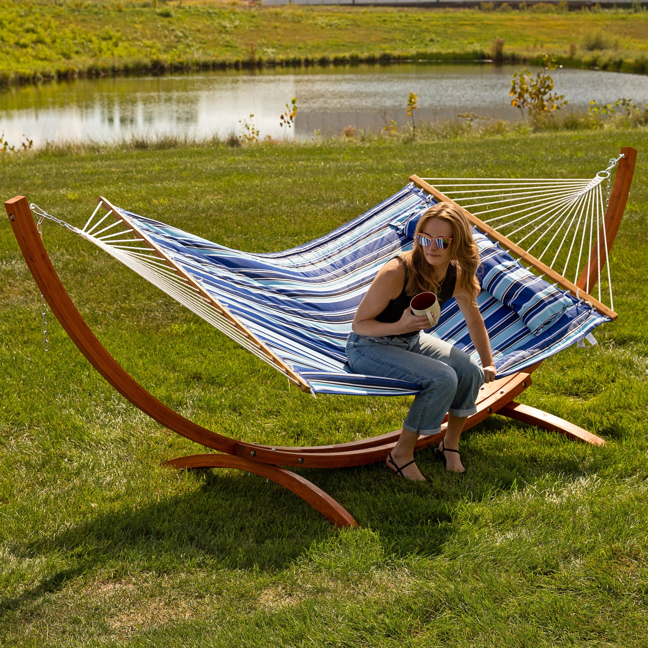 Sunnydaze 2-Person Polyester Spreader Bar Hammock with Stand, 400 lb Capacity - Catalina Beach