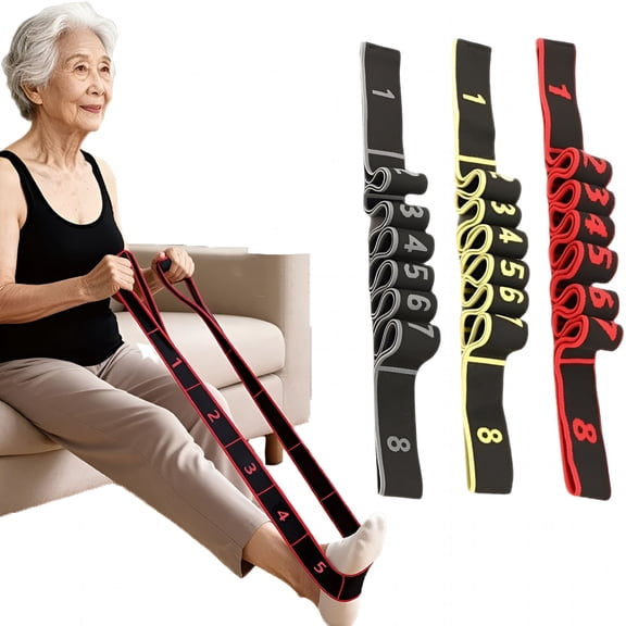 Numbered Resistance Band for Seniors, 8 Section Elastic Stretch Strap with Hand Grippers for Yoga, Pilates, Stretching and Strength Training, Lightweight Fitness Loop for Glutes and Legs