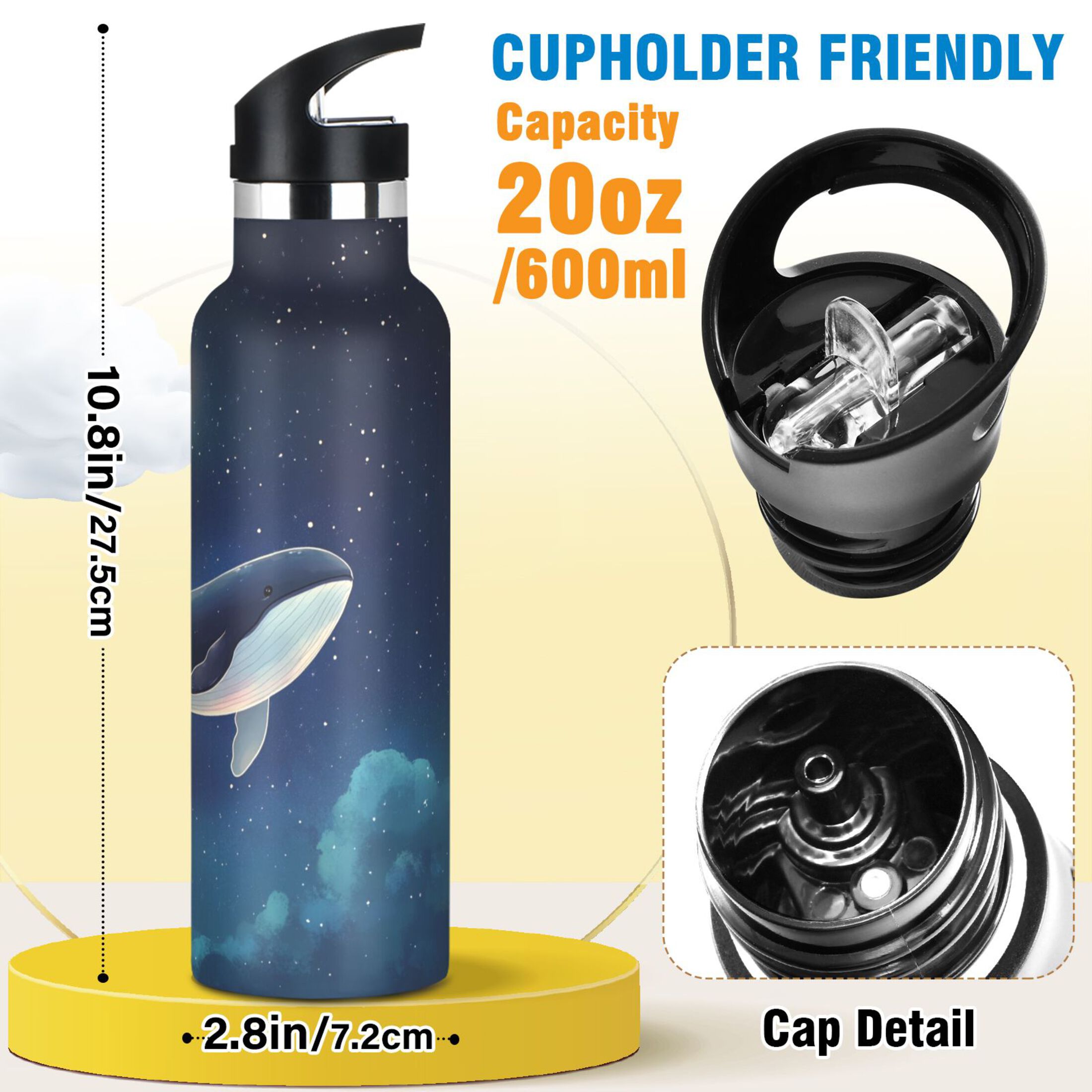 600ML Stainless Steel Insulated Cup Sports Water Bottle Portable Thermos Cup Water Glasses Insulated Tumblers Convenient and Durable Sky Whale