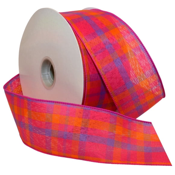 Morex Ribbon 7380 Color Chic Plaid Ribbon, 2.5" x 50 Yd, Magenta/Tangerine