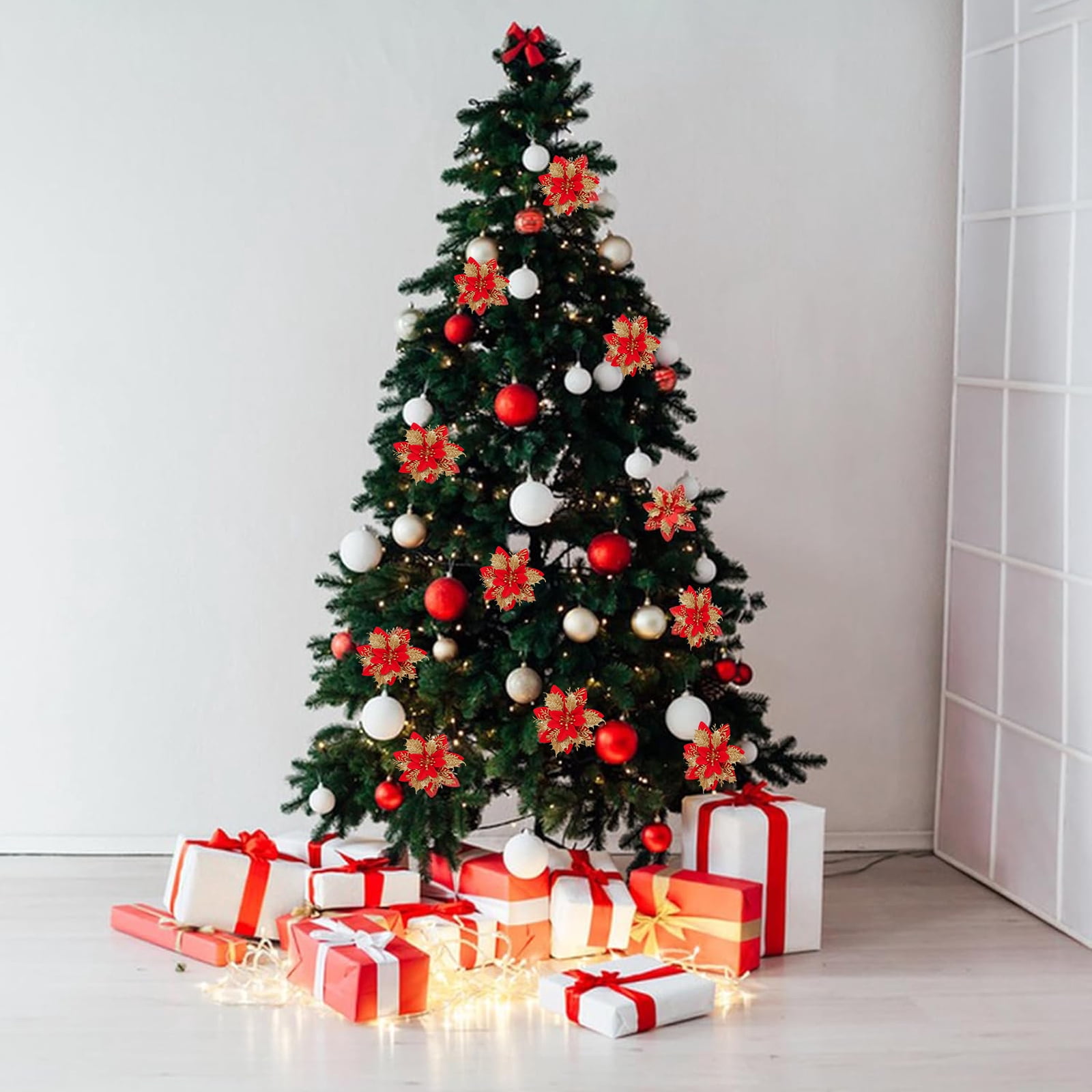Syvvy 72pcs Poinsettia Christmas Artificial Flowers,Christmas Indoor Decor,5.5" Glitter Flowers with Clips,Xmas Tree,Garland,Gift,Wedding,Party Ornaments,(Red)